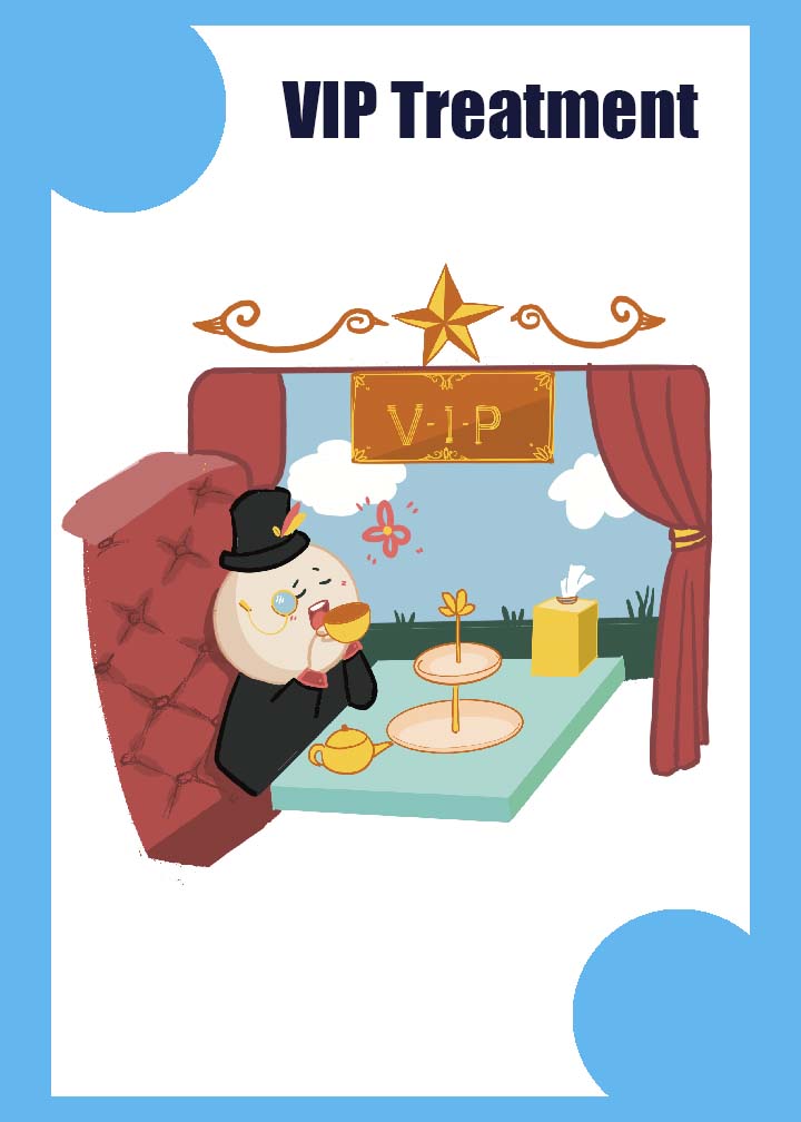 Vip Treatment - Driver advantage card, with a man sitting in a train VIP section and a blue border.