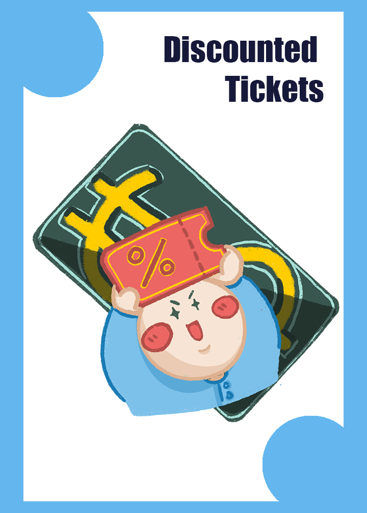 Discounted Tickets - Driver advantage card, with image of happy man in front of money symbol with blue border.