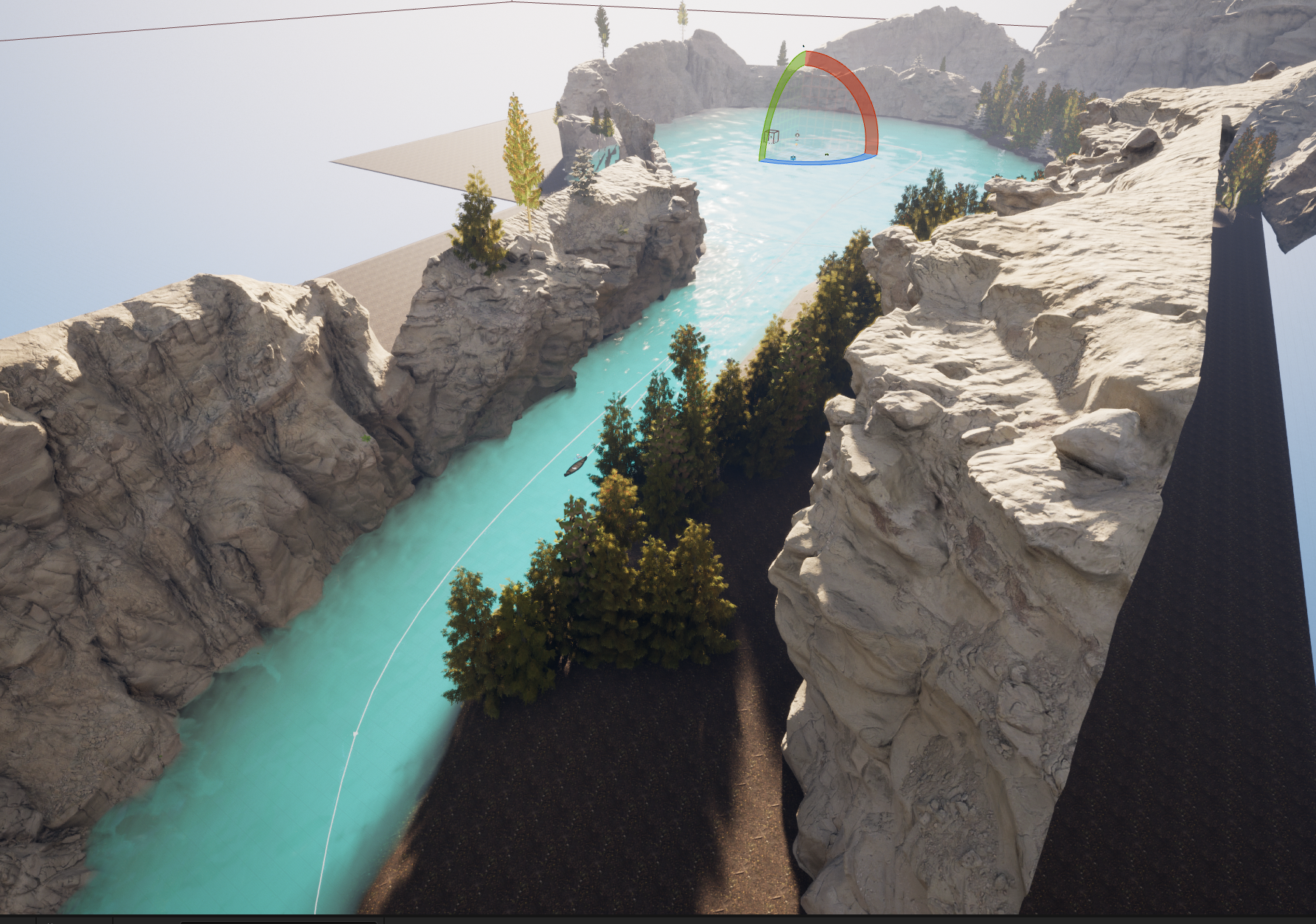 A birds eye view of the level's river, with cliffs on the left and trees on the right. Empty world is also shown.