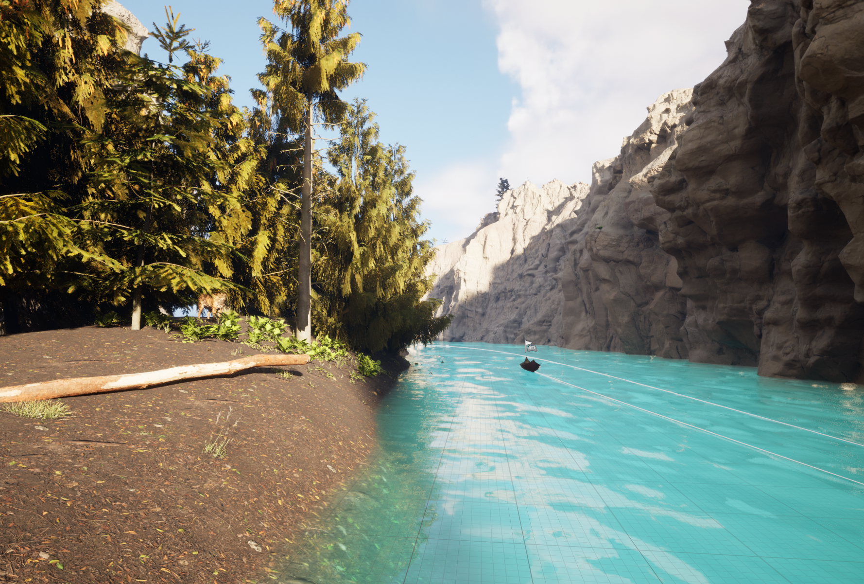 A close up of the river in the level, with trees on the left and cliffs on the right.