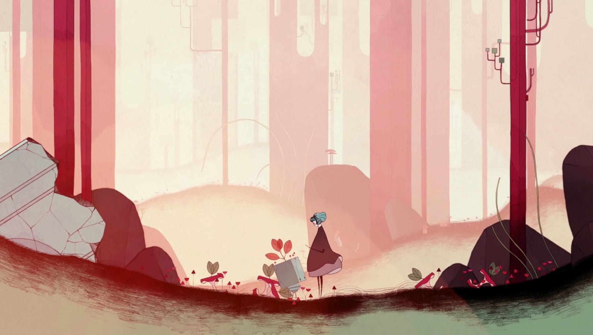 Gris main character in game looking down at a creature.