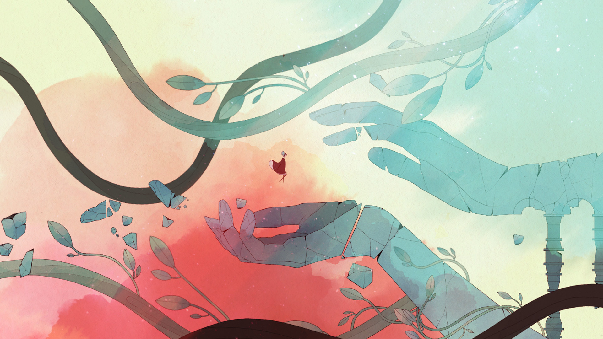 Gris main character platforming in a beautiful level with hands reaching out to grasp her.