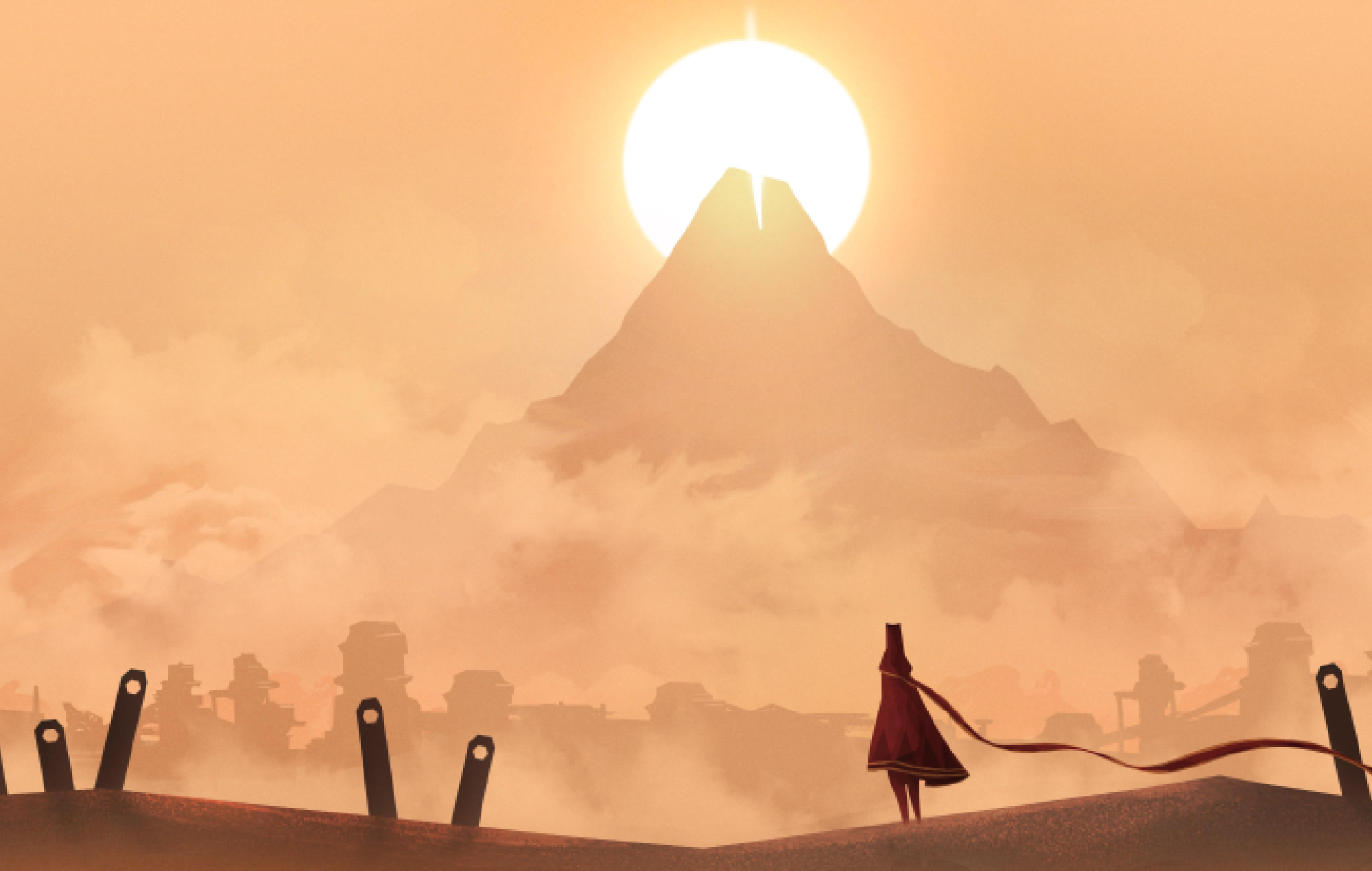 Journey character standing looking at mountain and sun with scarf being blown behind them.