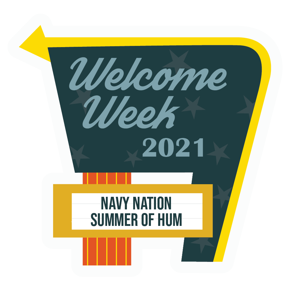 Green 60s motel sign that says Welcome Week 2021, with a marquee sign that reads Navy Nation Summer of Hum