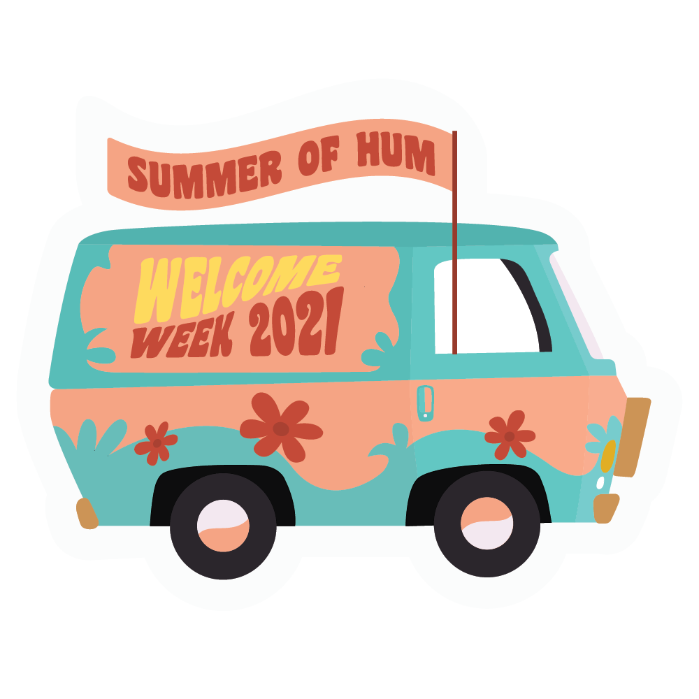 Blue and peach 60s hippie van with text Welcome Week 2021 on side, with a peach flag that says Summer of Hum